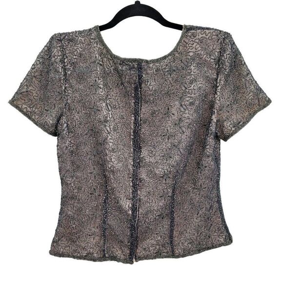 Vintage Adrianna Papell Formal Silk Beaded Short Sleeve Blouse 10P Gray Overlay - Picture 2 of 11
